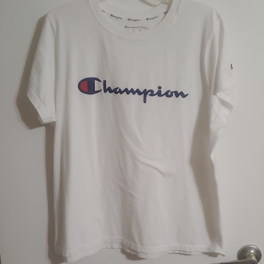 Champion White Tee with Blue and Red Logo
